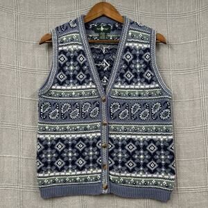 Vintage Hunt Club Sweater Vest Medium Blue Fair Isle Button Front Cardigan Knit